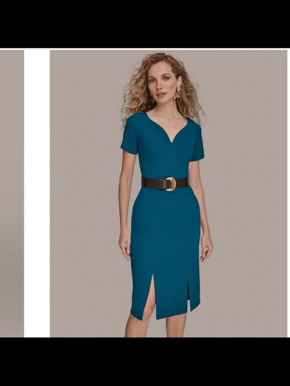 Donna Karan Teal V-Neck Midi Sheath Dress with Front Slits